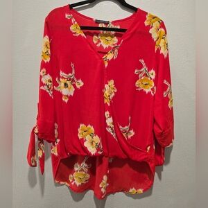 West Kei SIZE Small- Red/Gold Floral Hi/Low Blouse